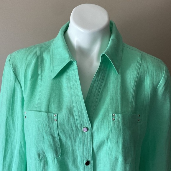 JM Collection Women’s Pastel Mint 100% Linen Button Down Shirt Size 10 - Picture 2 of 7